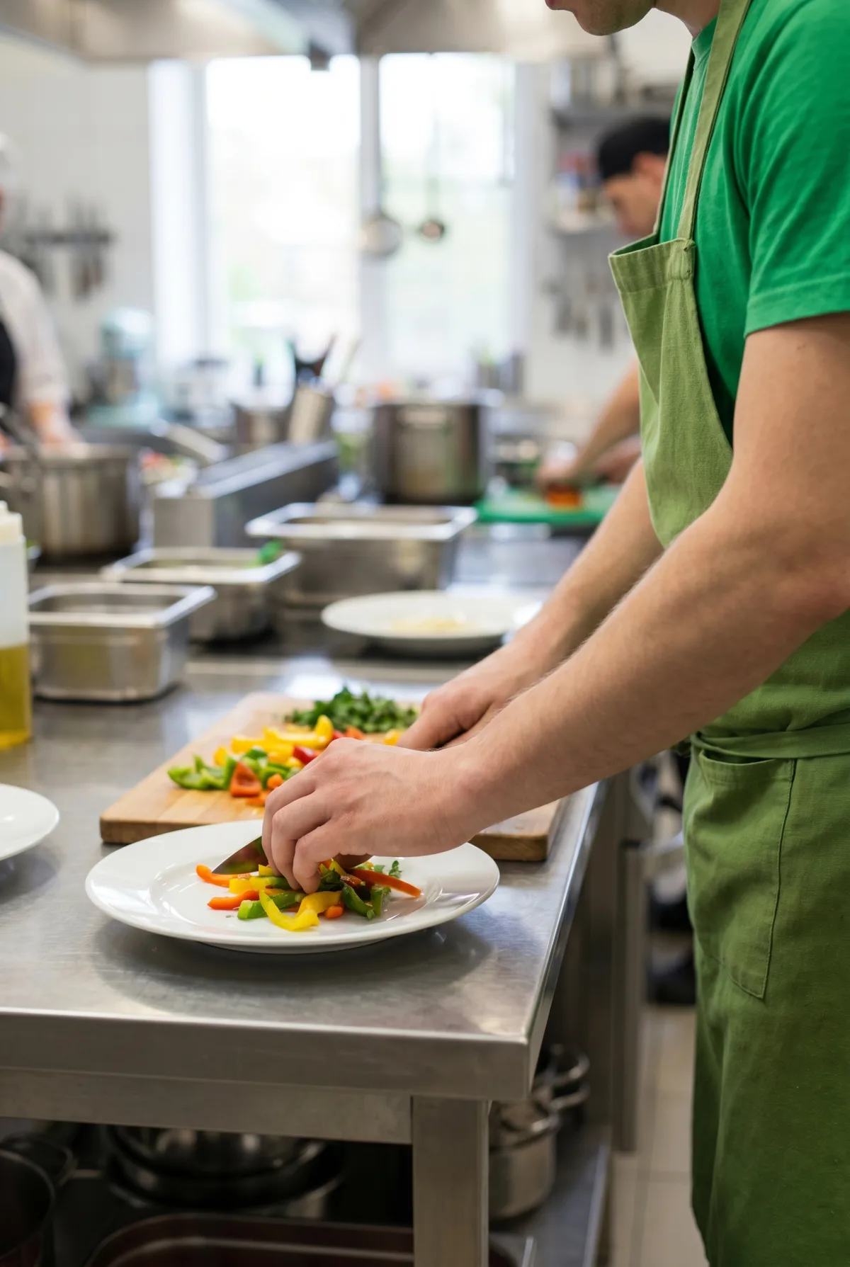 Kitchen helper plating up in a production kitchen
