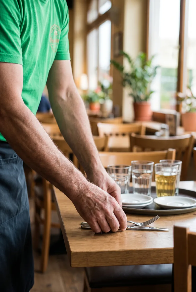 Service staff setting tables in the restaurant