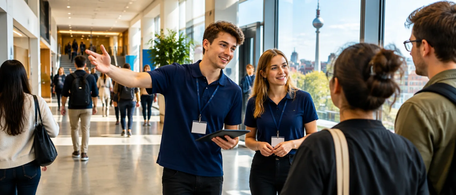 Zwei Hostessen helfen Besucher:innen im Gang bei der Orientierung