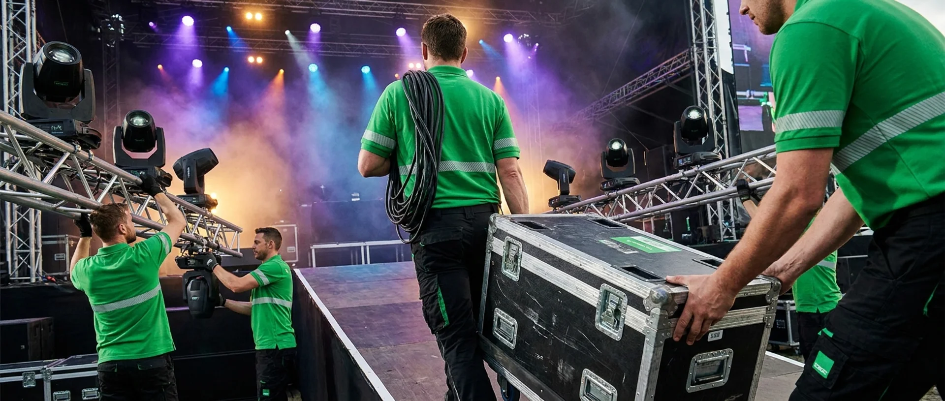 Crew in grünen Shirts trägt Flightcases zur Open-Air-Bühne