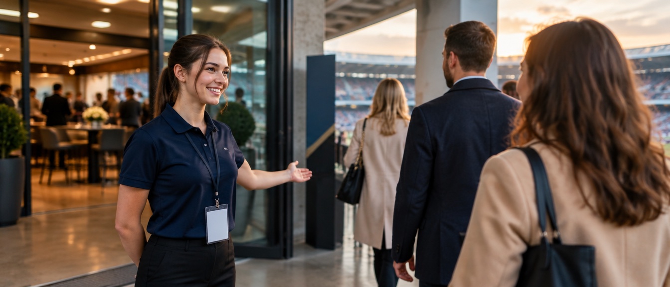 Hostess begrüßt ankommende Gäste am Eingang zum VIP-Bereich im Stadion