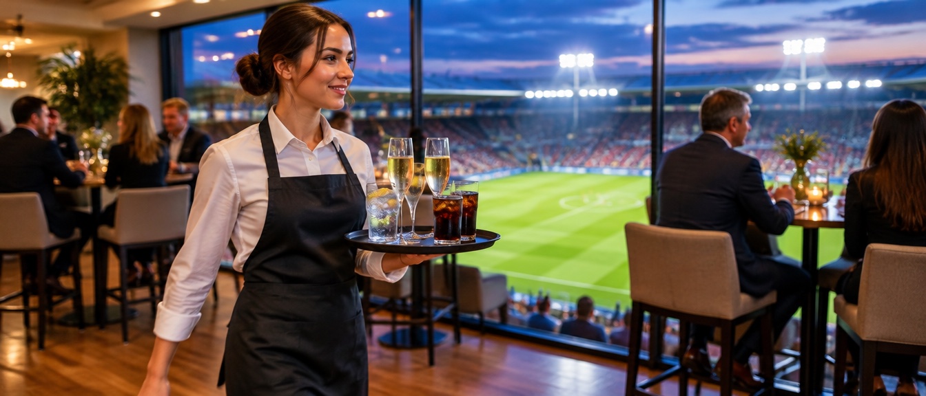 Servicekraft serviert Getränke in einer VIP-Box mit Blick auf das Spielfeld